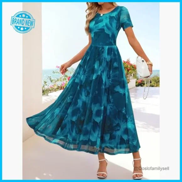 Floral Mesh Maxi Dress Short Sleeve Formal Wedding Guest A-Line Flowy - Picture 3 of 7